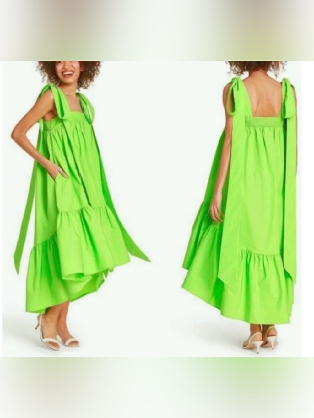 Christopher John Rogers Tie Strap High-Low Babydoll Dress Vibrant Green M - Picture 2 of 9